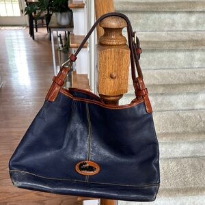 Dooney & Bourke Blue and Brown Shoulder Bag with Hobo Silhouette